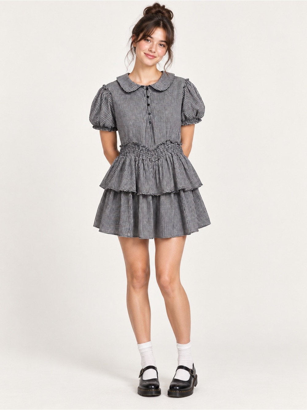 Urban Outfitters Black White Gingham Puff Sleeve Ruffle Mini Dress XS